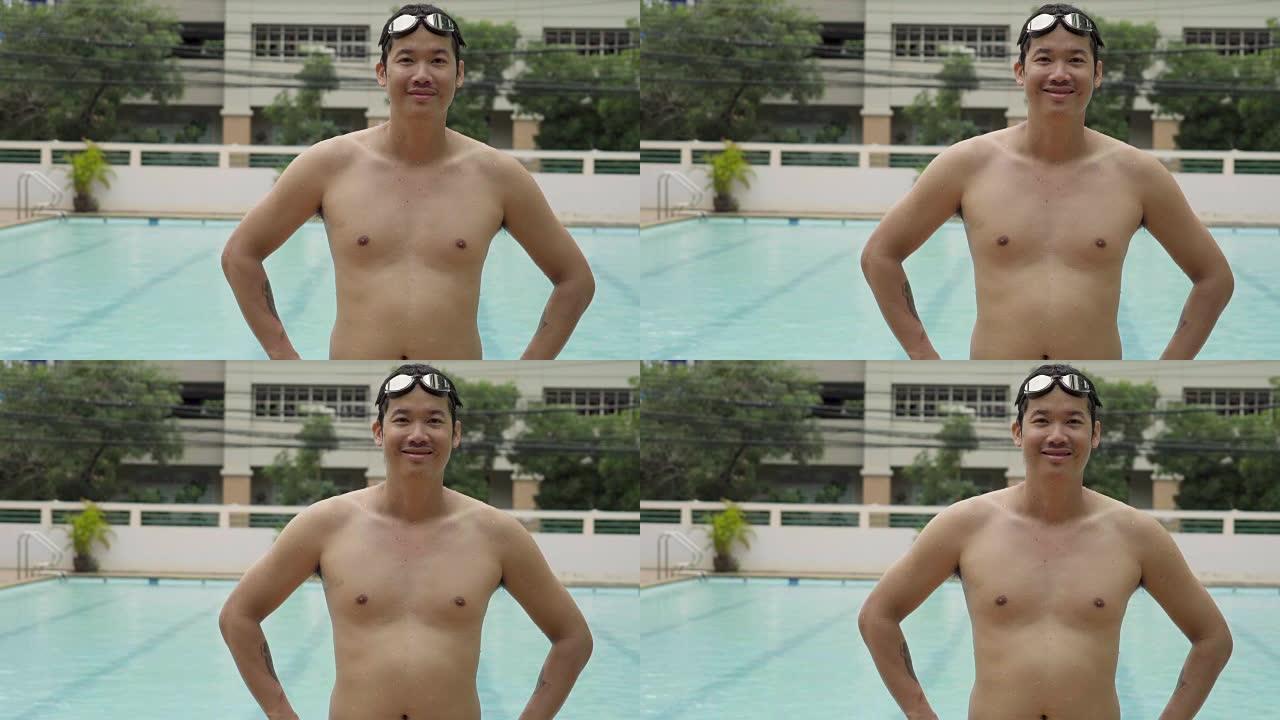 慢动作年轻亚洲男子游泳运动员肖像运动员。