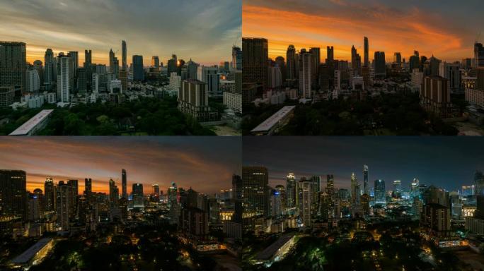 泰国曼谷市中心素坤逸路商业中心的曼谷天际线和带日落天空的摩天大楼日夜延时。