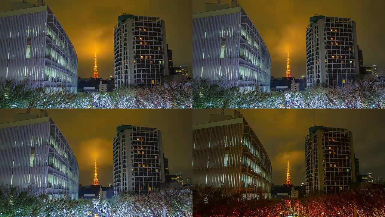 4k延时: 日本六本木东京的东京塔和圣诞节照明