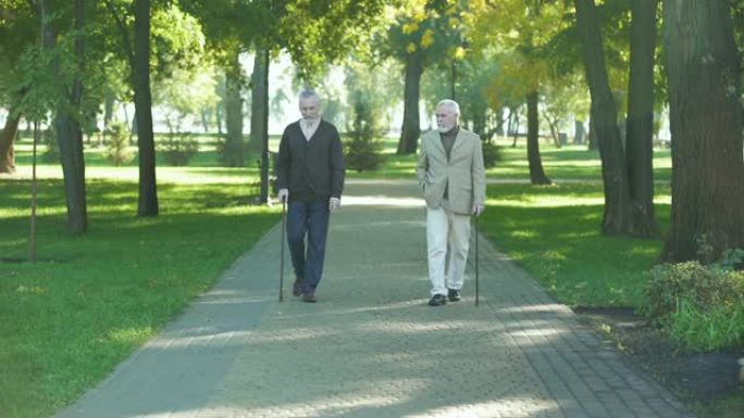 两个老人在公园里散步，谈论生活，老年问题
