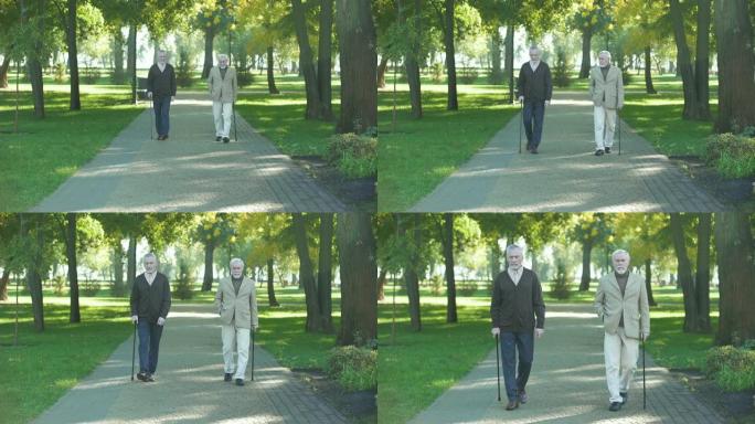 两个老人在公园里散步，谈论生活，老年问题