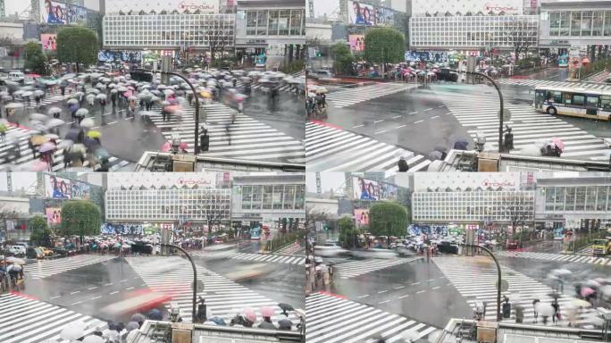 涩谷雨天的时间流逝人们在涩谷十字路口行走
