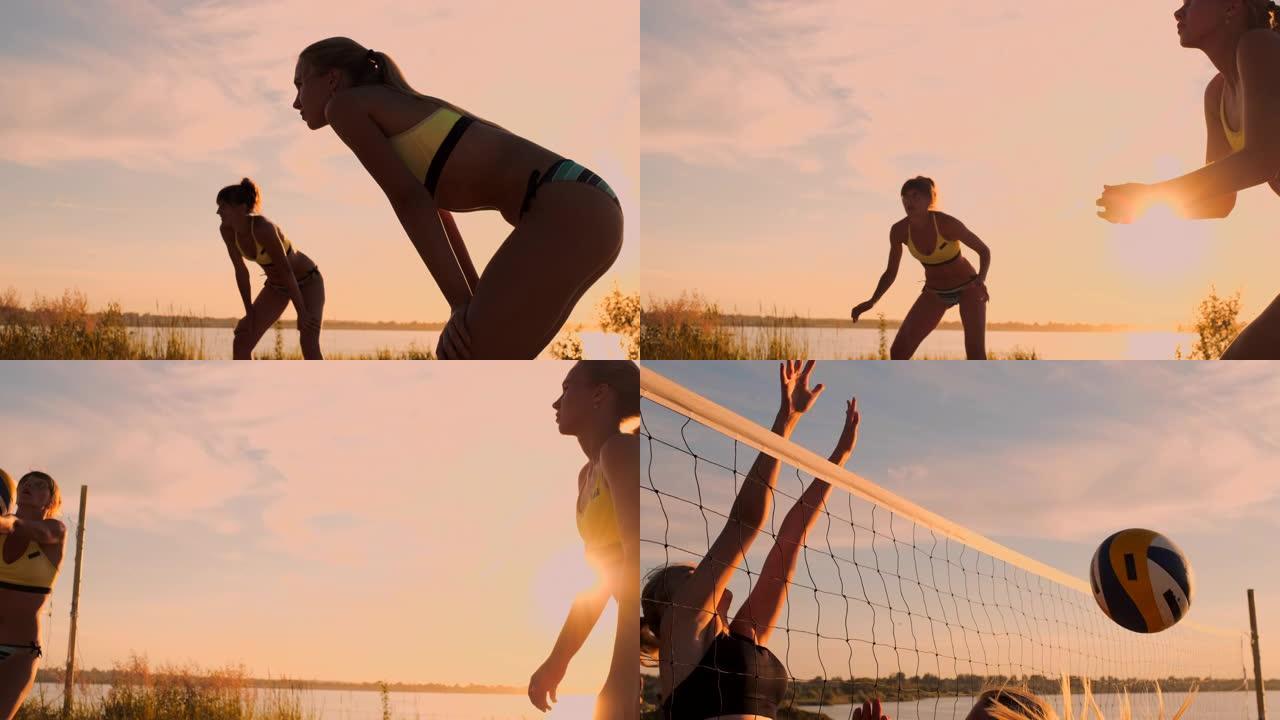 一群年轻女孩在日落或日出时打沙滩排球，慢动作，