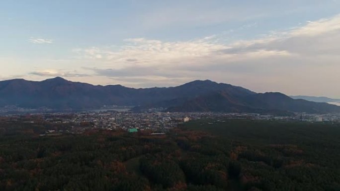 无人机景观，日本秋季小城市，照片在日本的日本藤吉田山梨树塔，城市景观。