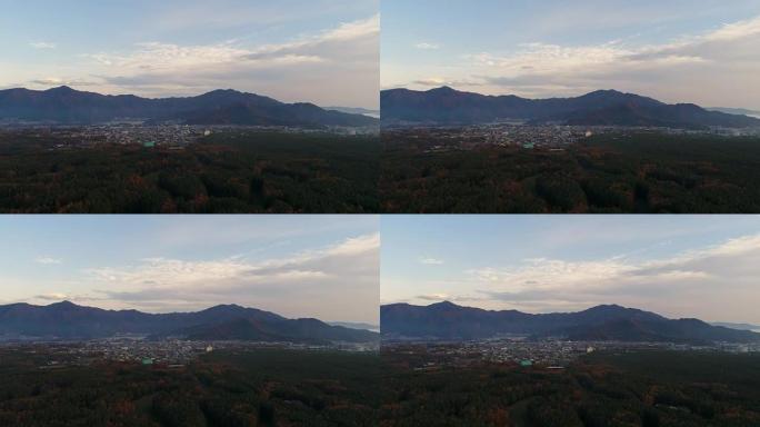 无人机景观，日本秋季小城市，照片在日本的日本藤吉田山梨树塔，城市景观。