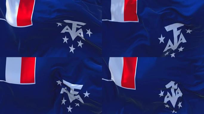 法国南部和南极的旗帜在风中飘扬的慢动作动画。4K逼真的织物纹理旗帜平稳吹在一个刮风的日子连续无缝循环