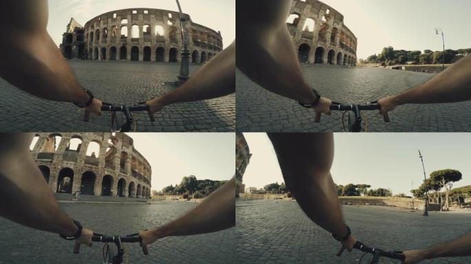 罗马体育馆的POV自行车，阳光温暖
