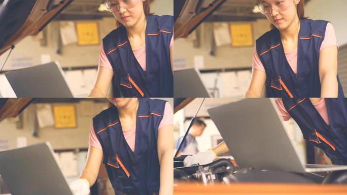 女人在汽车修理店修车慢动作