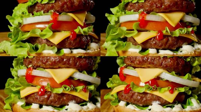 自制牛肉汉堡的特写镜头，生菜和蛋黄酱放在小木板上。深色背景