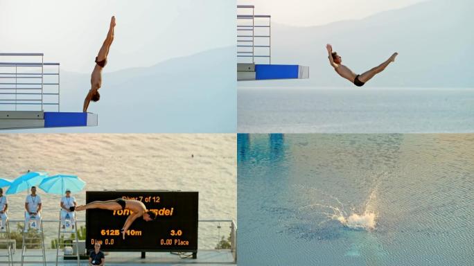 SLO MO男运动员在比赛中从高台跳水
