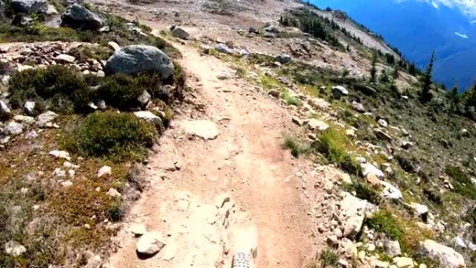山地自行车手下坡山顶步道的视点