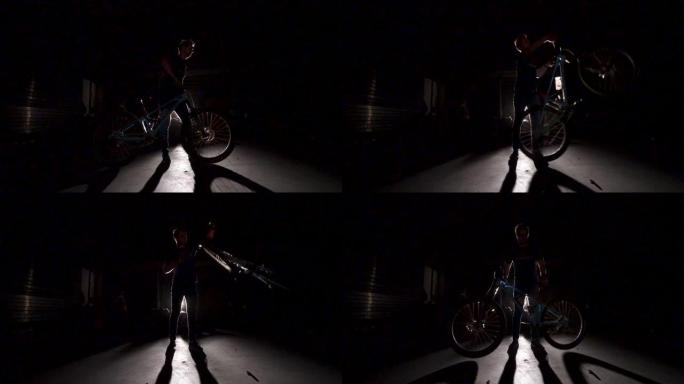 慢动作剪影的镜头，是骑自行车的人在背后用光做把戏