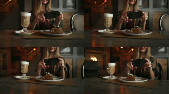 美丽的情感快乐女孩正在制作咖啡馆里的食物照片，桌上的拿铁咖啡，甜点冰淇淋巧克力蛋糕樱桃薄荷，社交网络