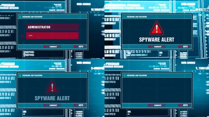 输入登录名和密码后，在计算机屏幕上的数字系统安全警报错误消息上生成间谍软件警报警告通知。网络犯罪，计