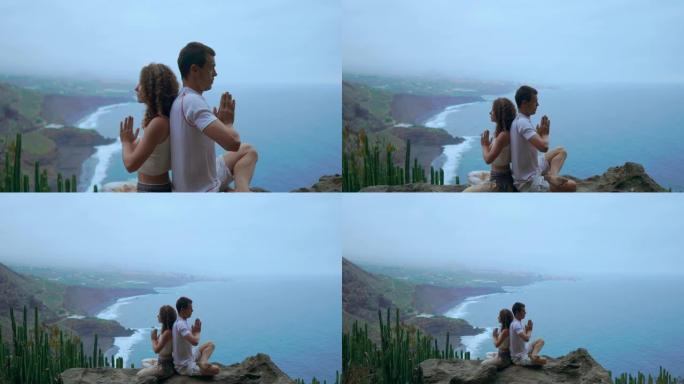 两个男人和一个女人在大西洋岛上的山区健康生活的概念
