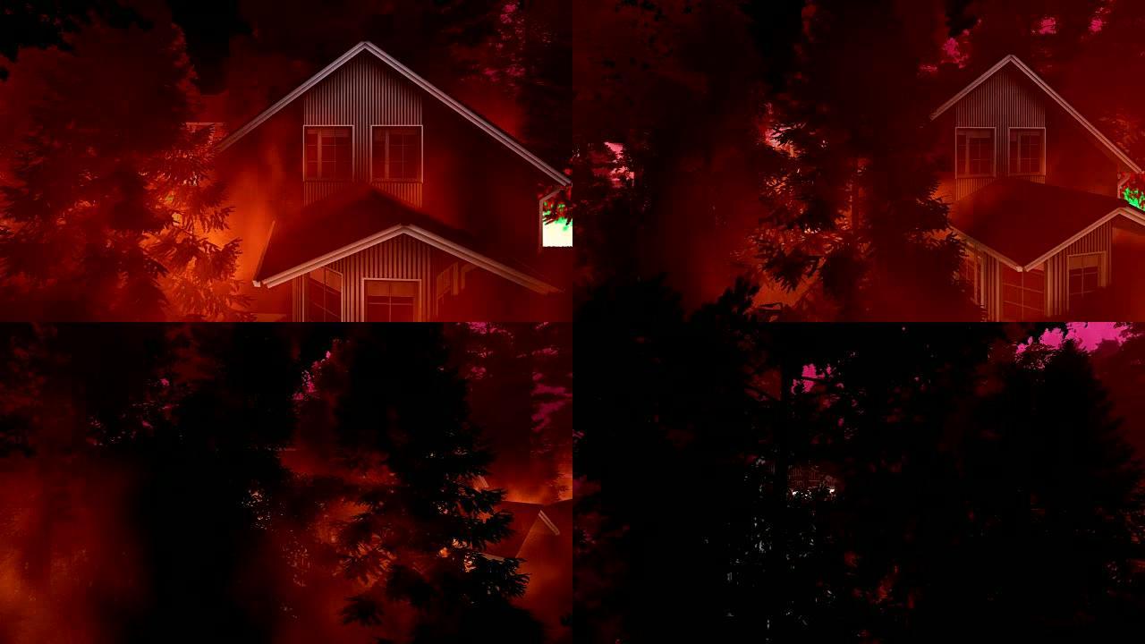 美国房屋周围的森林大火