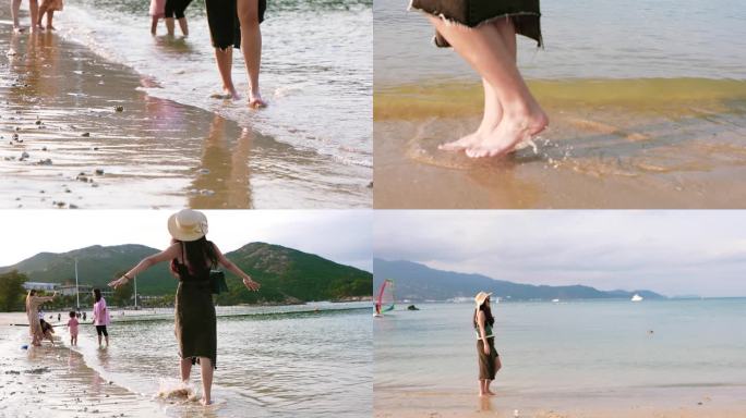 美女光着脚丫走在海边