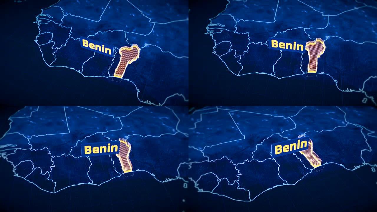 贝宁国家边界3D可视化，现代地图轮廓，旅行