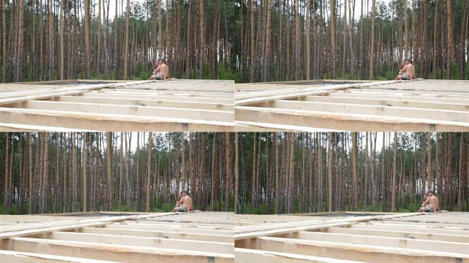 建筑商坐在木梁上放松。