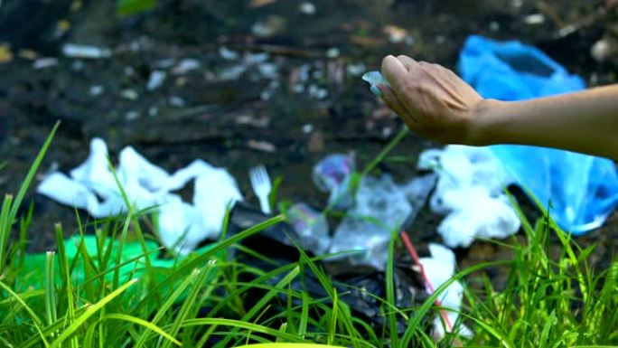 在肮脏的湖中扔塑料帽，不负责任的人对野生动植物的影响