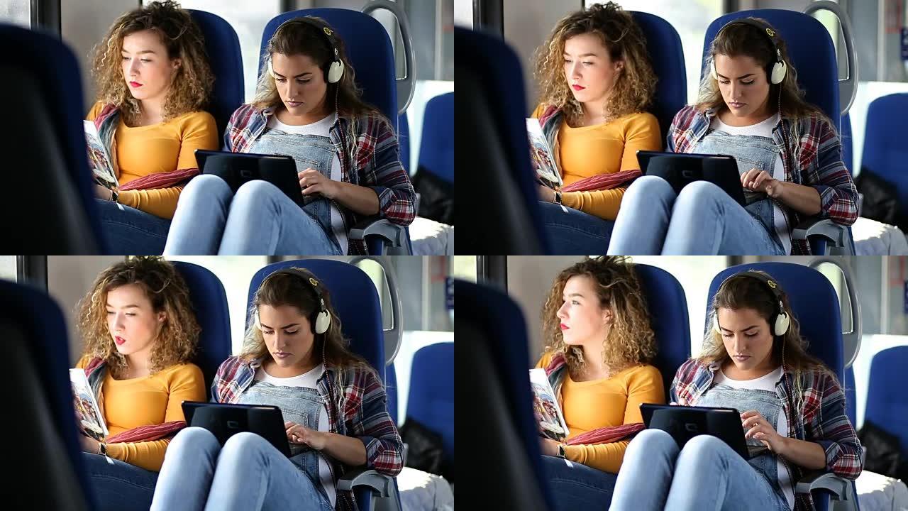 坐在火车上读书的女孩