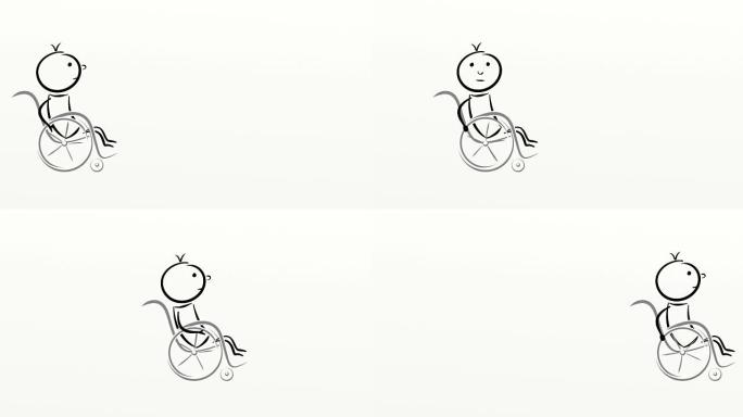 卡通:坐在吱吱作响的轮椅上的残疾人。