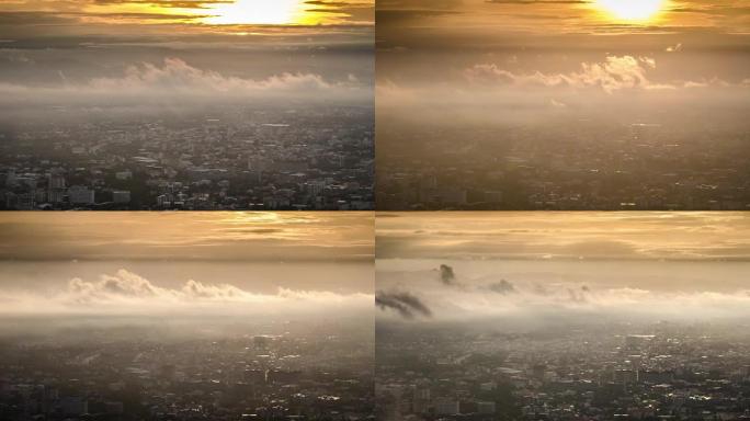 日出时间推移与雾之城时间推移，清迈城市与雾在日出后形成云，UHD格式