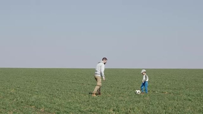 父亲和小儿子在户外踢足球