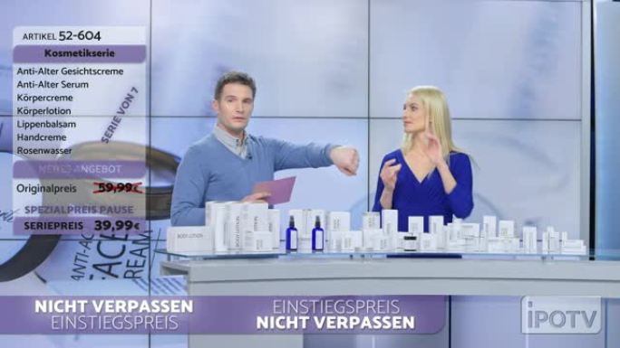 德语中的商业广告蒙太奇: 女人在商业广告节目中展示化妆品线，当他们说话时，在男性主持人的手背上擦一些