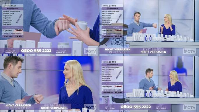德语中的商业广告蒙太奇: 女人在商业广告节目中展示化妆品线，当他们说话时，在男性主持人的手背上擦一些