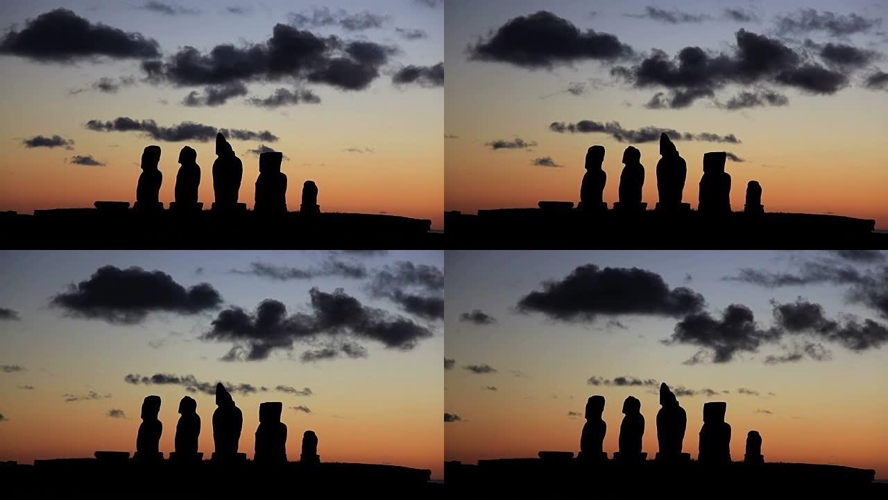 智利复活节岛日落延时摩艾雕像