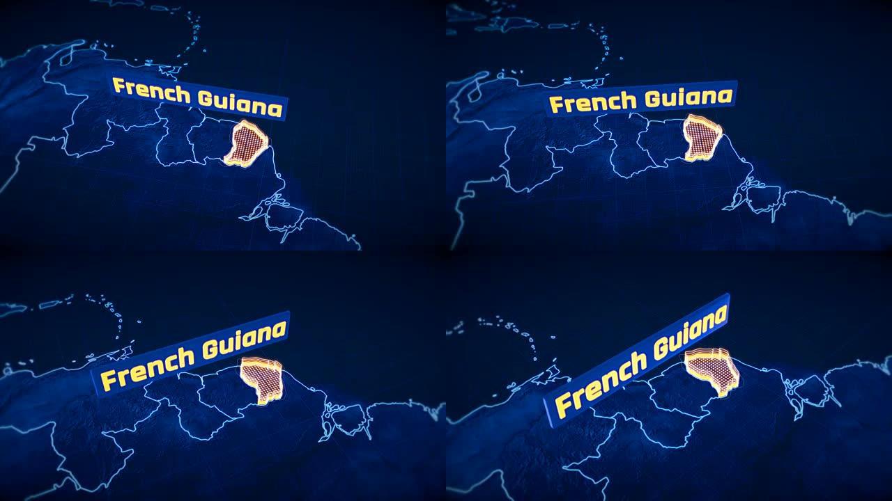 法属圭亚那国家边界3D可视化，现代地图轮廓，旅行
