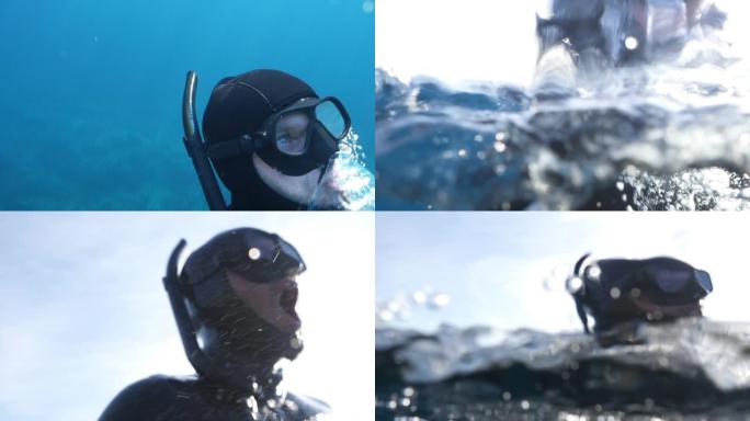 水下慢动作拍摄的潜水潜水员在海洋中浮出水面