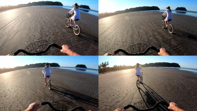 第一人称视角，日出时沿着潮滩骑自行车