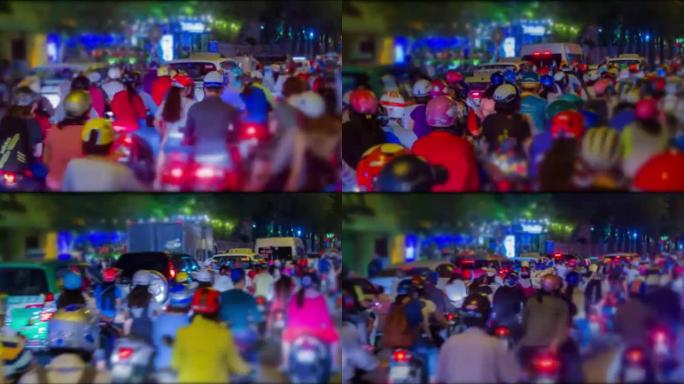 4k延时 (4096x2160): 高峰时段城市交通拥挤，人群戴头盔，越南骑摩托车运输，缩小。(AP