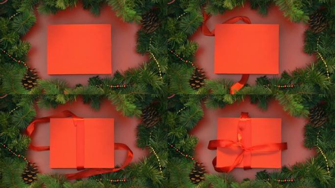 用条纹糖果棒包裹盒子的红丝带和蝴蝶结，圣诞节