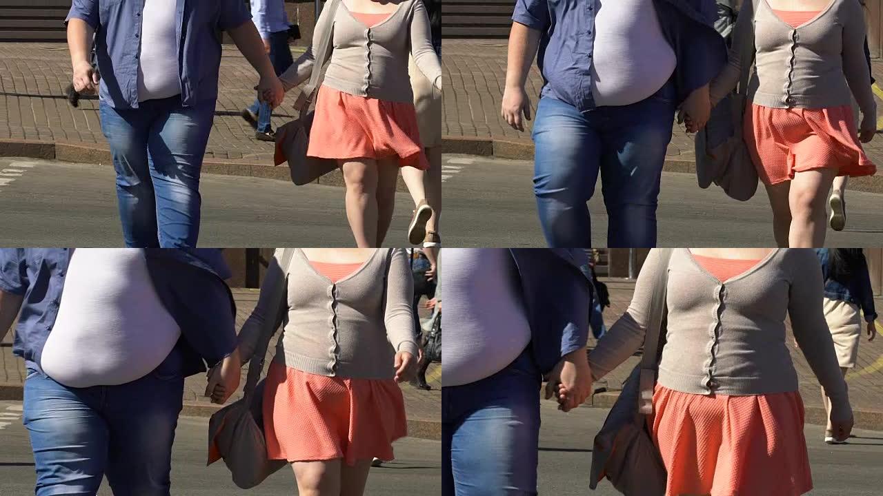 恋爱中的胖夫妇牵手过马路，社会肥胖问题