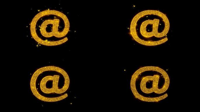 电子邮件图标在黑色背景上火花粒子。
