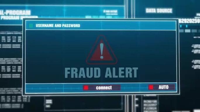输入登录名和密码后，计算机屏幕上的数字系统安全警报错误消息上生成的欺诈警报警告通知。网络犯罪，计算机
