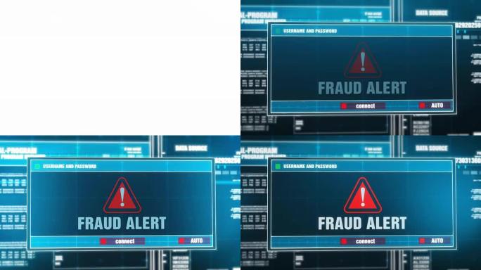 输入登录名和密码后，计算机屏幕上的数字系统安全警报错误消息上生成的欺诈警报警告通知。网络犯罪，计算机