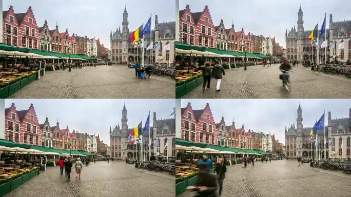 延时: 比利时布鲁日市场广场的历史建筑
