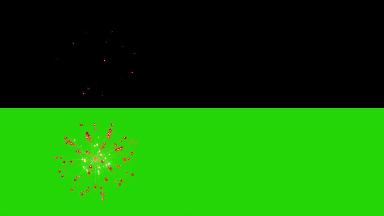 彩色烟花爆炸光在夜空绿色屏幕动画。