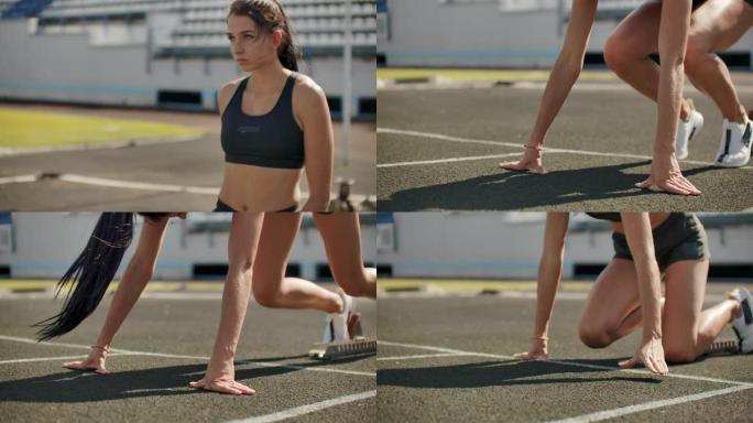 慢动作: 女运动员等待400米的比赛开始。女运动员在100米期间等待比赛开始。从跑步机上的垫子在体育