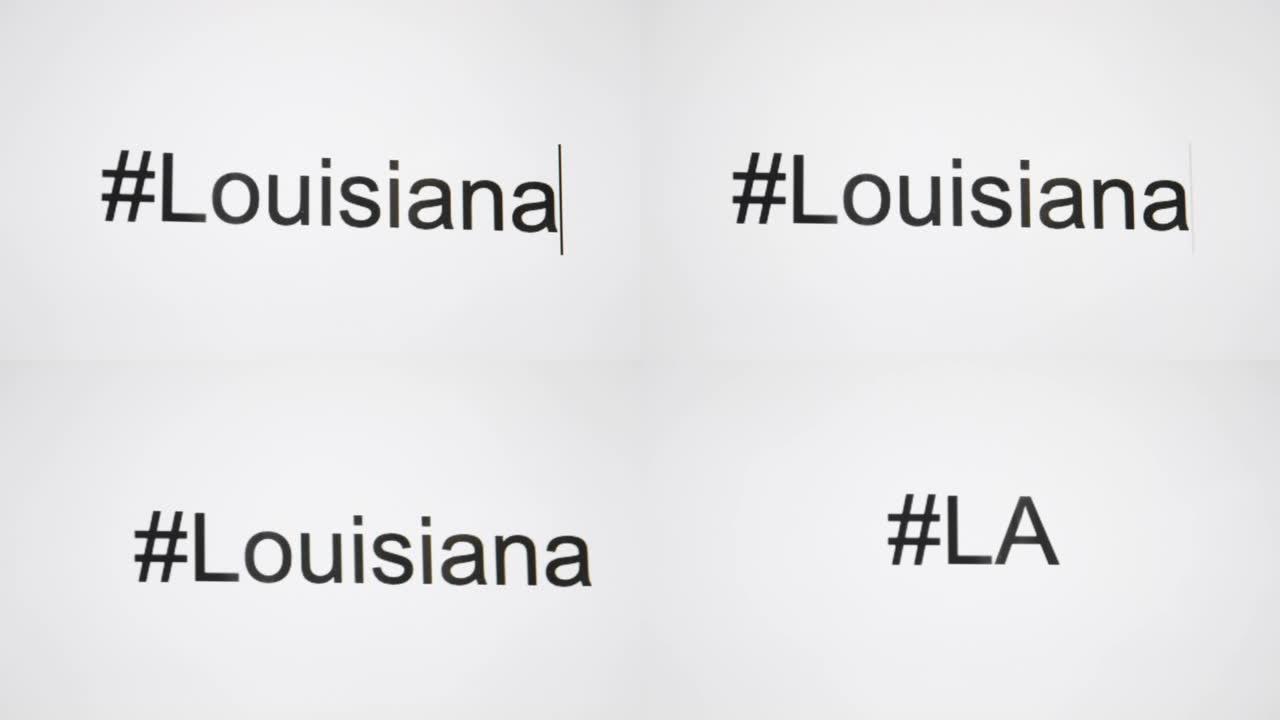 一个人在他们的计算机屏幕上键入 “# Louisiana”，然后使用州缩写