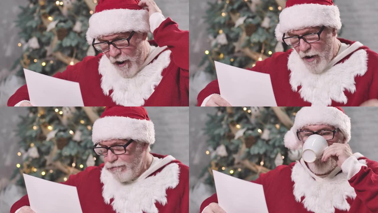 戴眼镜的疲倦的圣诞老人的特写镜头在读信时挠头。老人在除夕夜想着给孩子的礼物。电影院4k ProRes