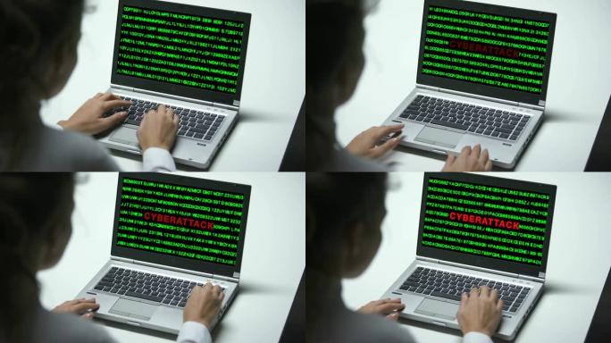 对笔记本电脑的网络攻击，在大公司办公室工作的妇女，网络犯罪