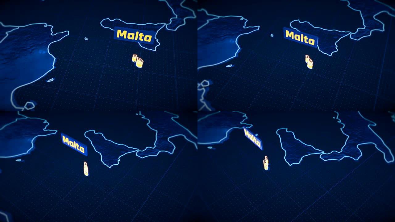 马耳他国家边界3D可视化，现代地图轮廓，旅行