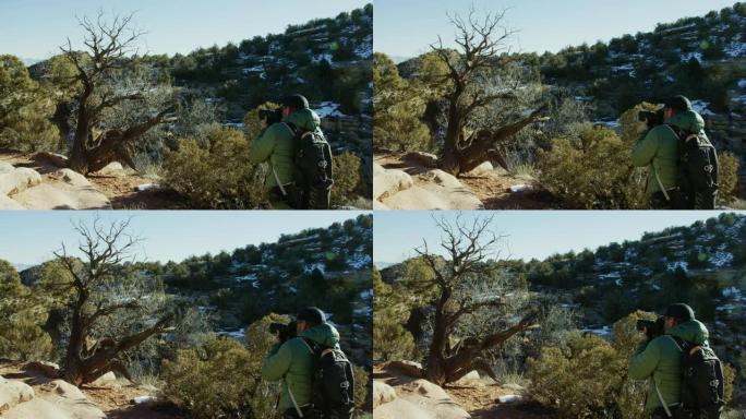 一位四十多岁的白人男性摄影师穿着远足装备，冬天在科罗拉多州西部的高沙漠中拍摄了一棵枯树的照片 (科罗