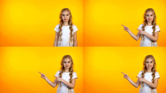 满意可爱的女孩指着橙色的背景，广告模板
