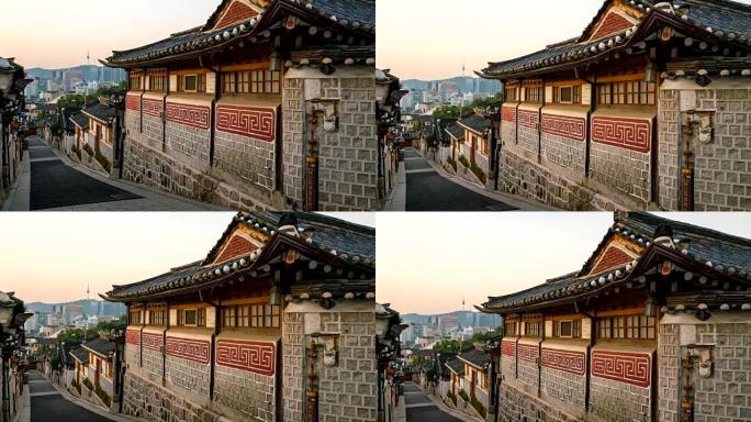 韩国首尔市北村韩屋村日出场景的延时倾斜镜头
